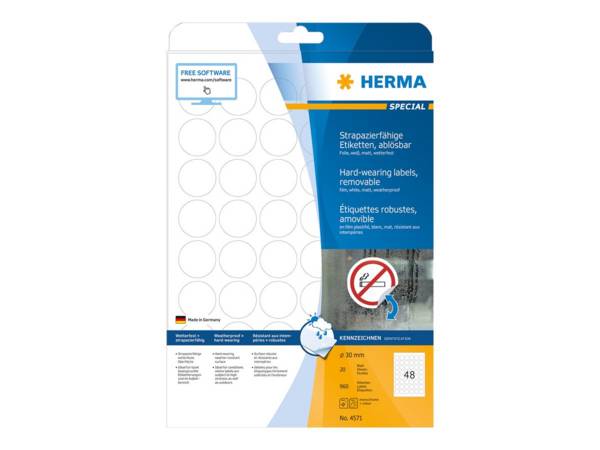 HERMA Special - Outdoor self-adhesive removable matte film labels - weiß - 30 mm rund 960 Etikett(en) (20 Bogen x 48) (D