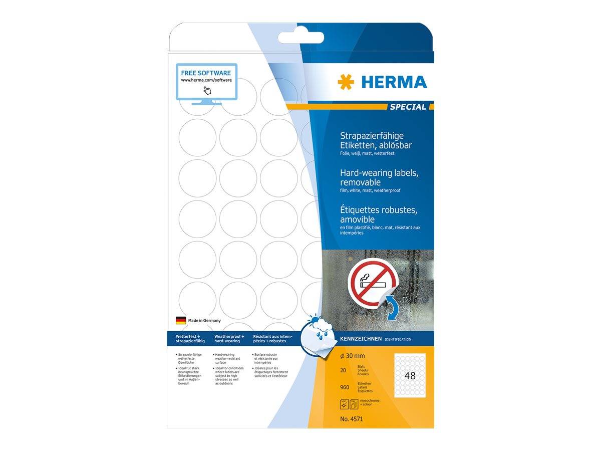 HERMA Special - Outdoor self-adhesive removable matte film labels - weiß - 30 mm rund 960 Etikett(en) (20 Bogen x 48) (D-0
