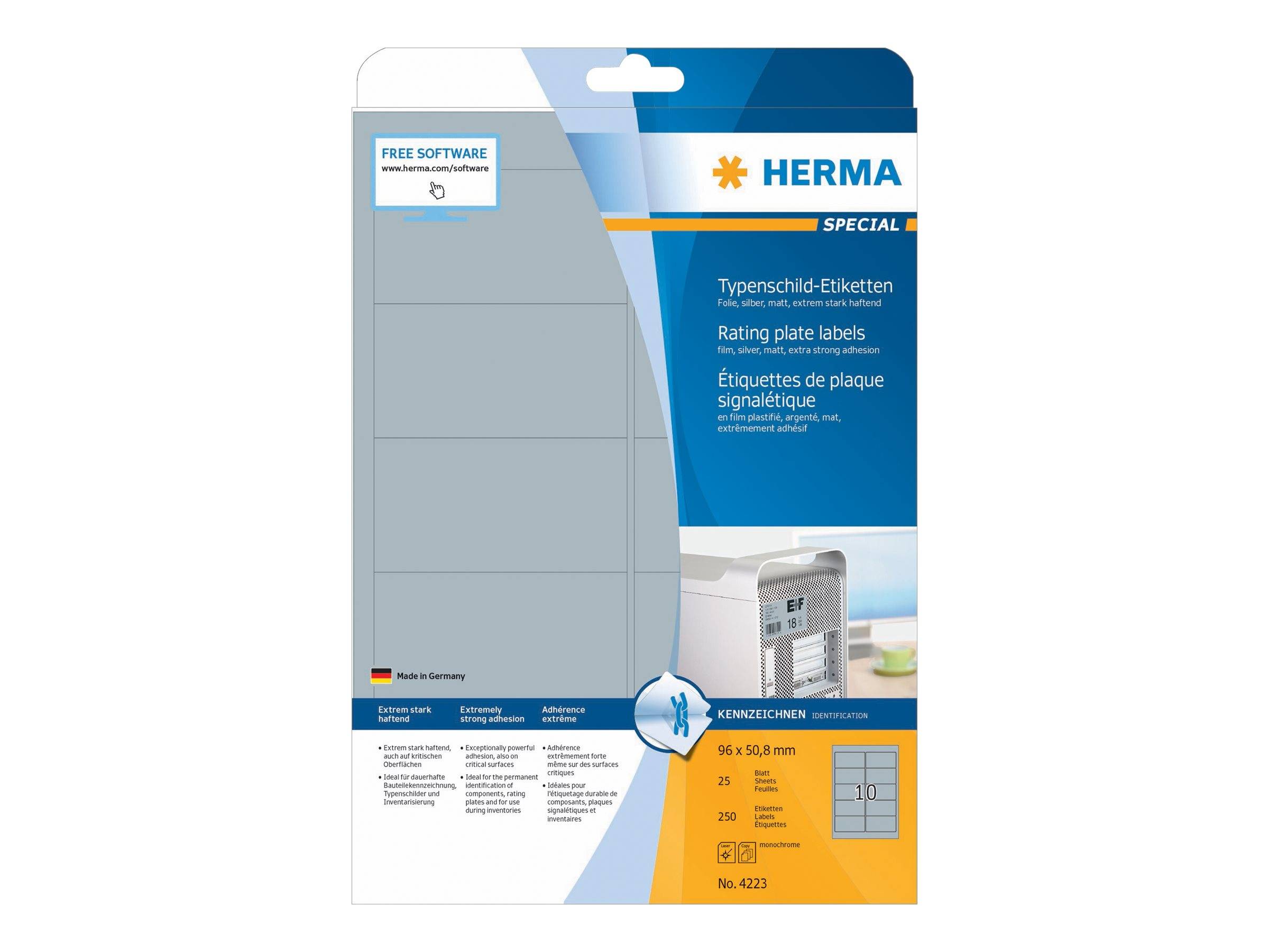 HERMA SuperPrint LaserCopy - Folienetiketten - Silber - 96 x 50,8 mm - 250 Stck. (25 Bogen x 10) (4223)-0