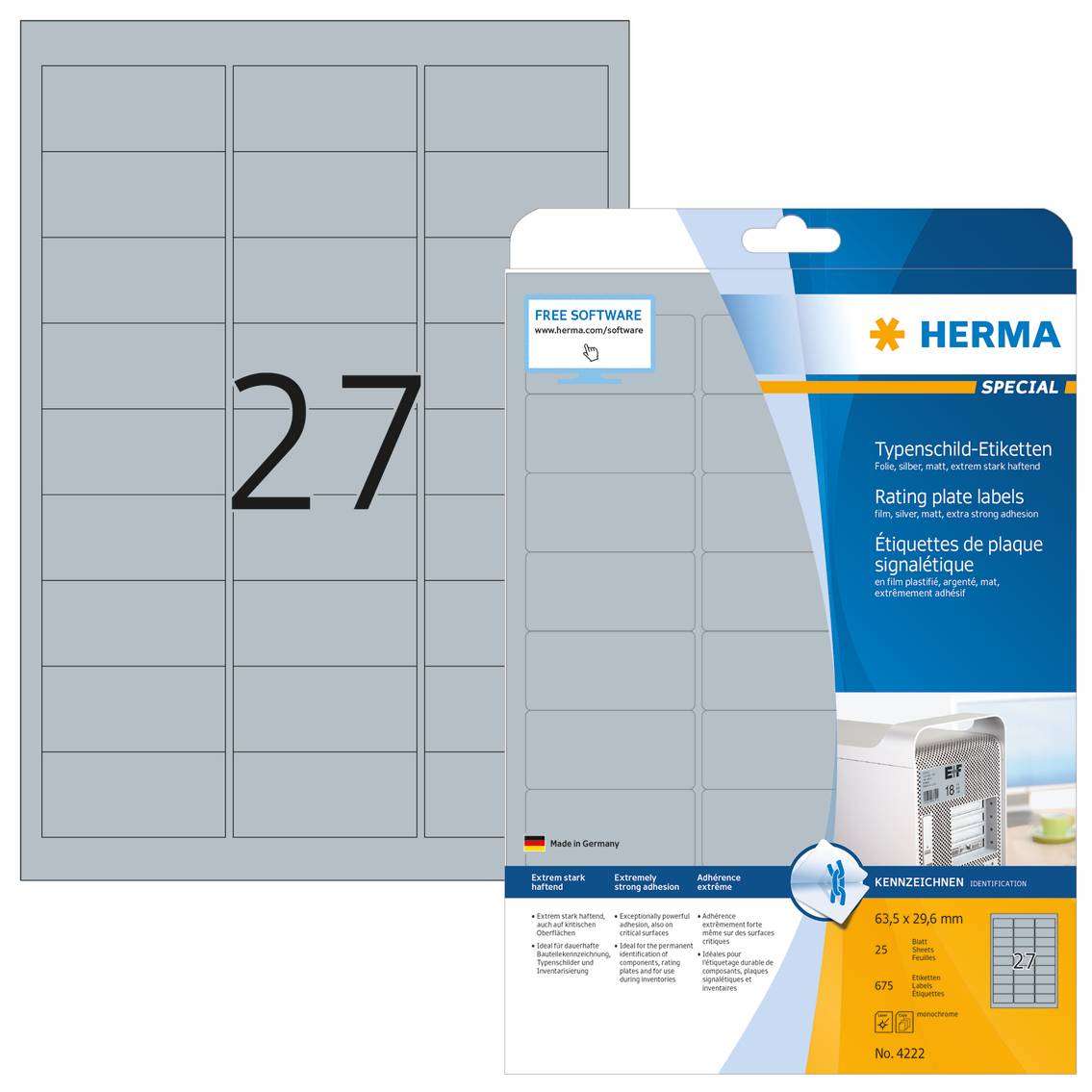 HERMA SuperPrint LaserCopy - Selbstklebende matte Polyesterfolienetiketten - Silber - 63,5 x 29,6 mm - 675 Etikett(en) (-7