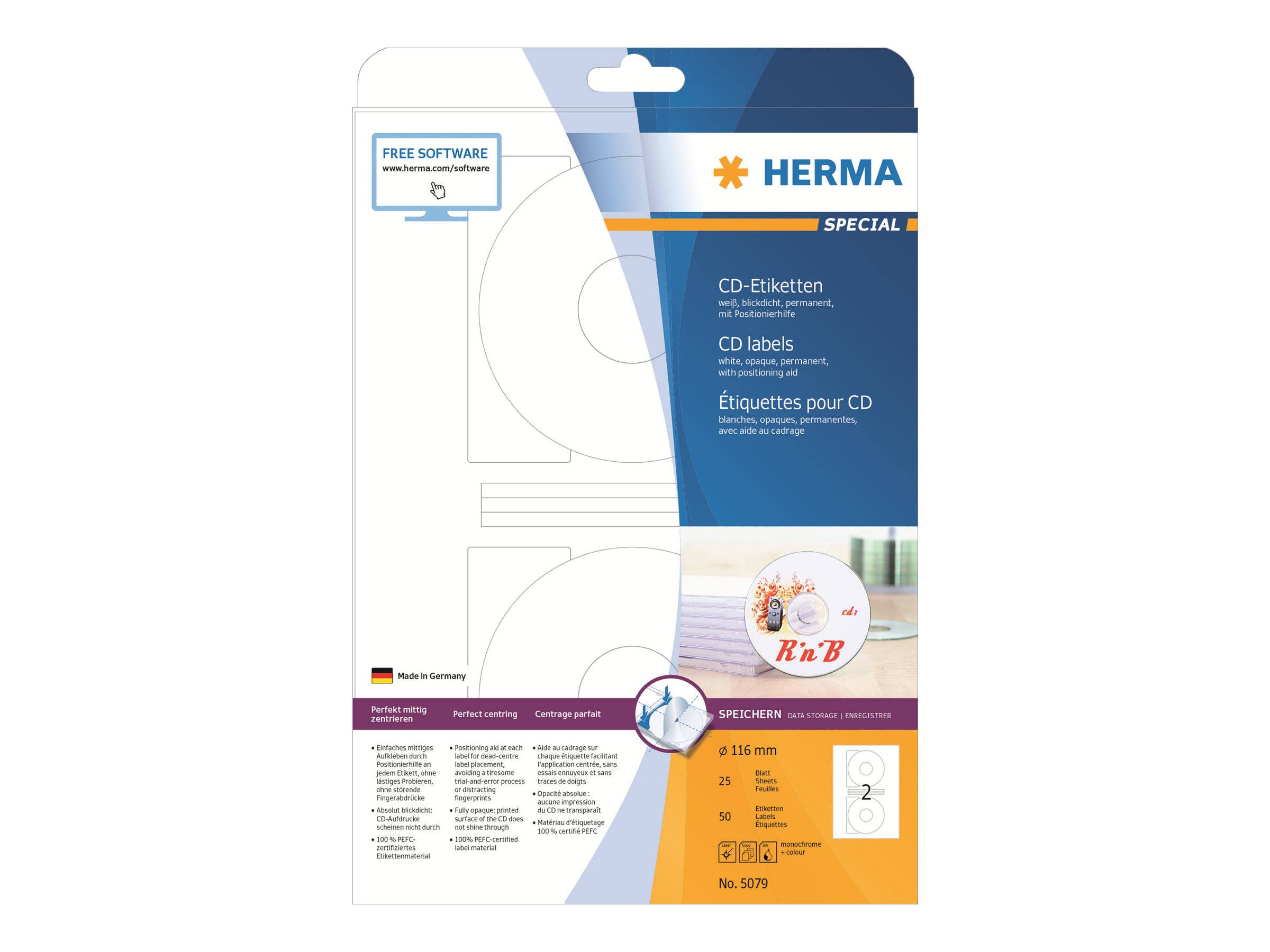 HERMA Special - Permanent selbstklebende, matte, lichtundurchlässige CD/DVD-Papieretiketten - weiß - 166 mm rund - 50 Et-0