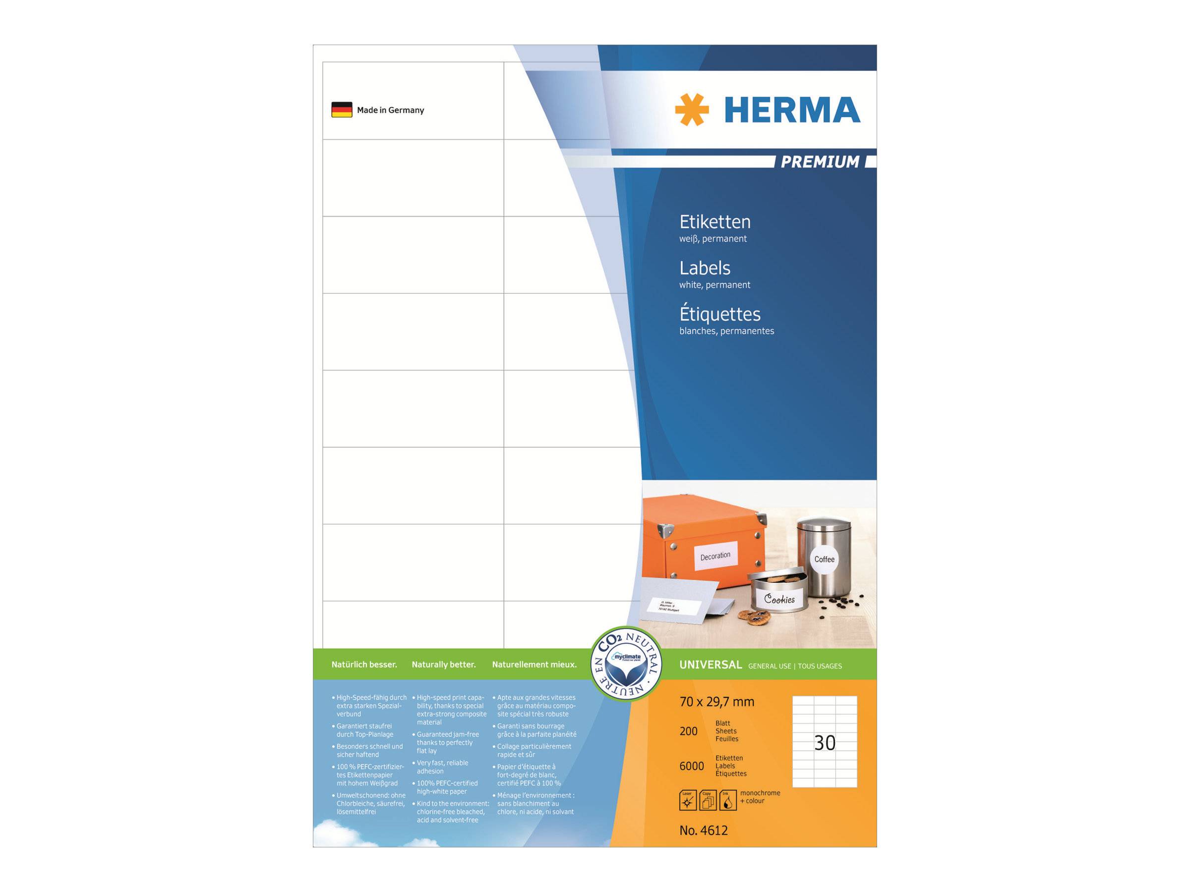 HERMA Premium - Selbstklebende Etiketten - weiß - 70 x 29,7 mm - 6000 Etikett(en) (200 Bogen x 30) (4612)-0
