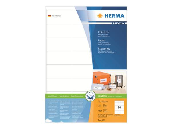 HERMA SuperPrint - Etiketten - weiß - 70 x 36 mm - 4800 Stck. (200 Bogen x 24) (4633)