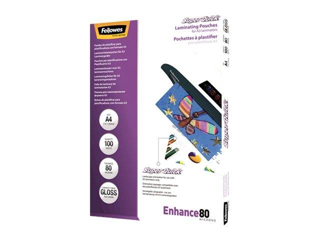 Pouches Enhance80 - Superquick - A4 - 2x80 micron - Fellowes - scatola 100 pezzi-0