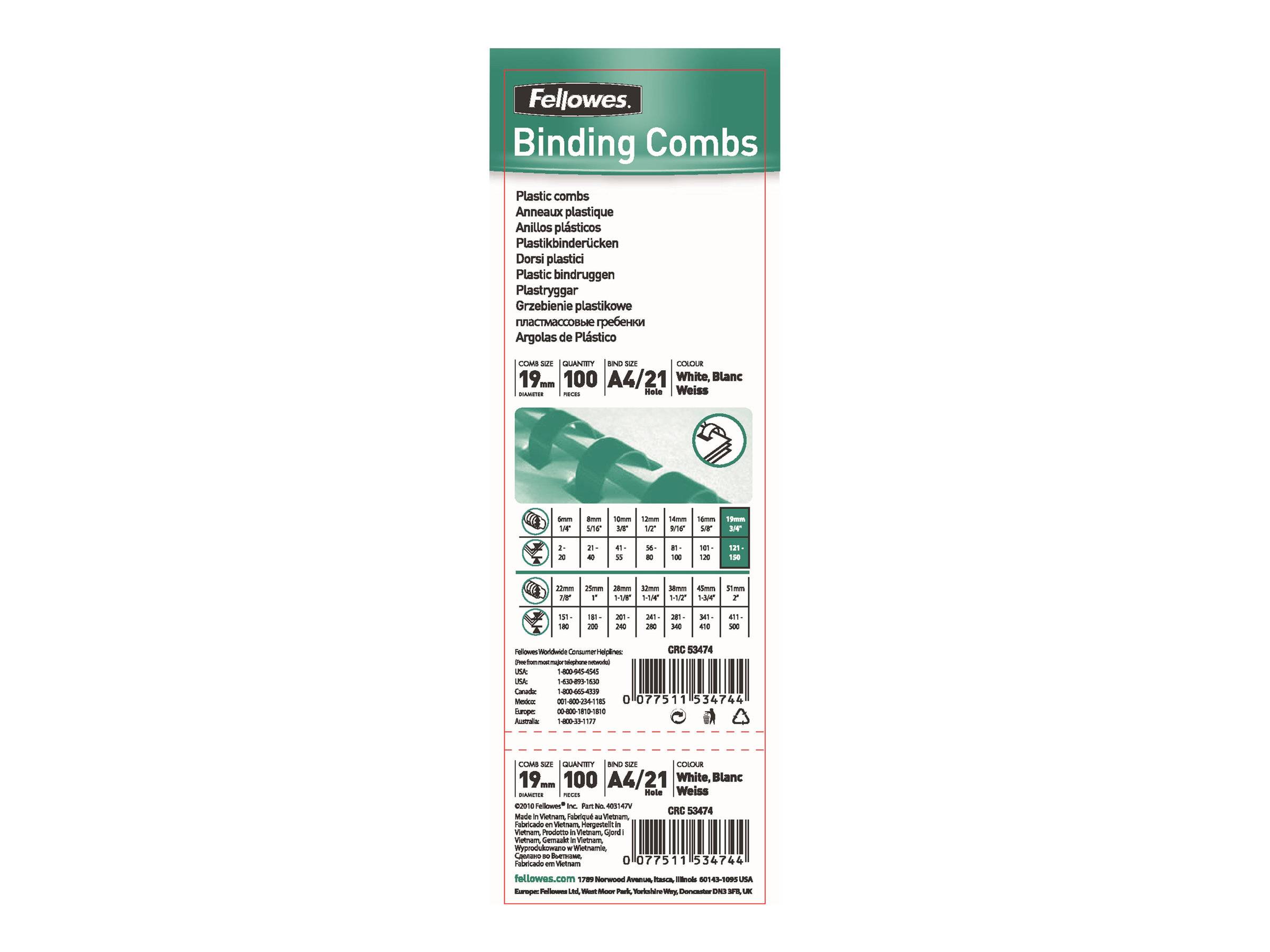 Fellowes 5347403 19mm White Plastic Comb-0