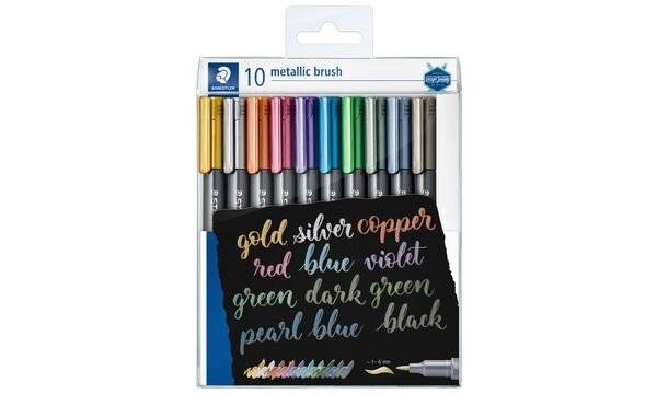 STAEDTLER Pinselstift metallic brush, 10er Etui flexible Pinselspitze, pigmentierte metallic-farbende Tinte, - 1 Stück (-0