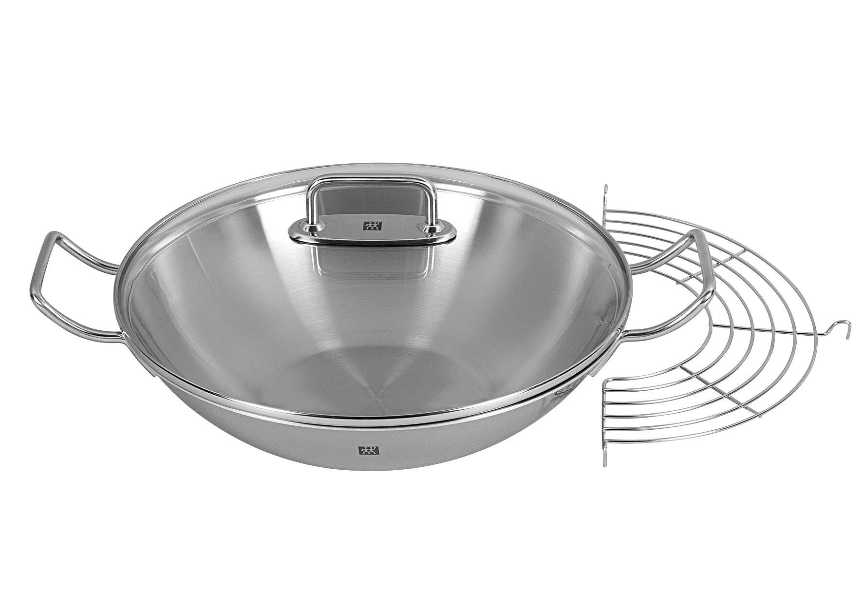 Wok Zwilling Plus con coperchio in vetro e inserto in griglia argentata rimovibile-0