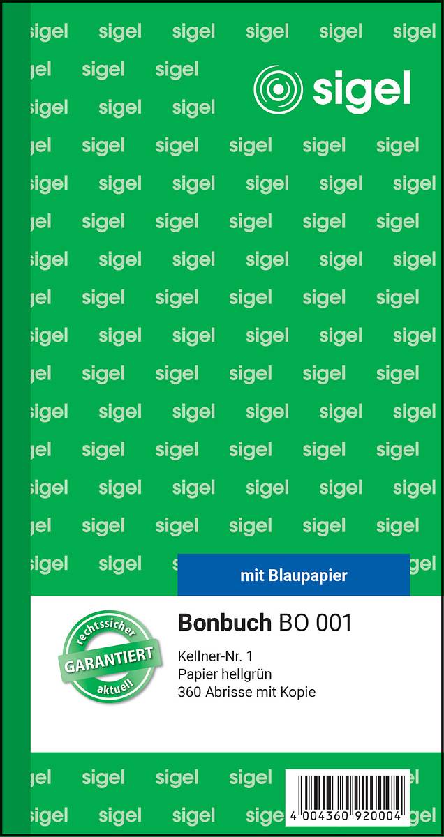 sigel Formularbuch "Bonbuch", Kellner-Nr. 1, hellgrün 105 x 200 mm, 360 Abrisse, mit Blaupapier, 2 x 60 Blatt (BO001)-1