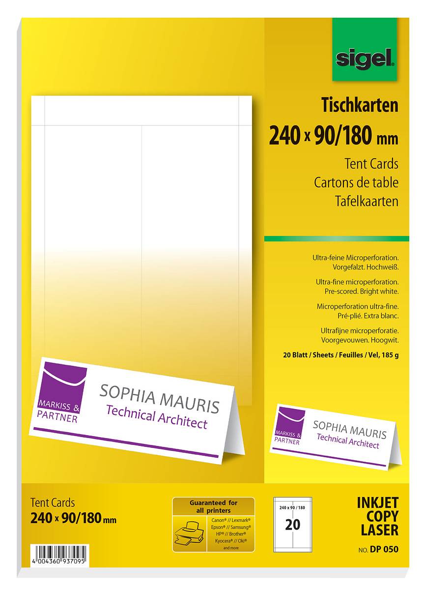 Sigel DP050 - Tischkarten - hochweiß - 240 x 90 mm - 185 g/m2 - 20 Stck. (DP050)-0