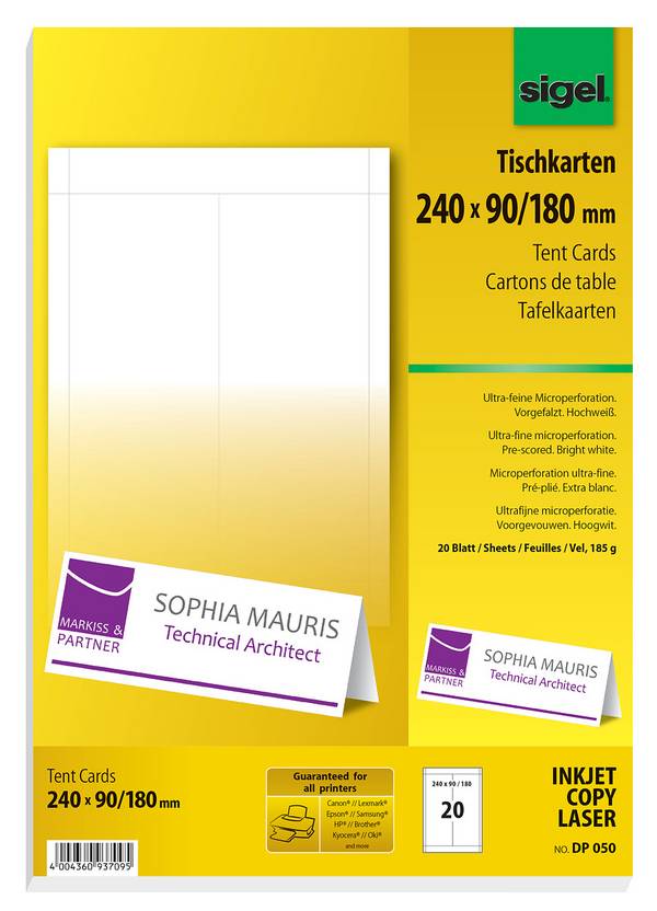 Sigel DP050 - Tischkarten - hochweiß - 240 x 90 mm - 185 g/m2 - 20 Stck. (DP050)