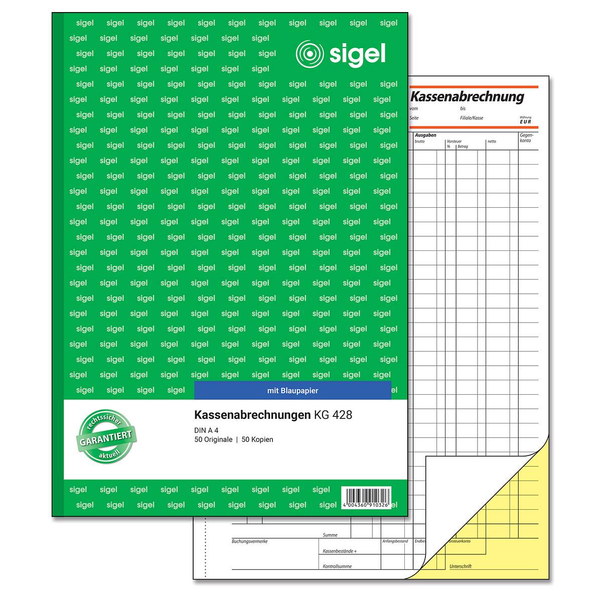 sigel Formularbuch "Kassenabrechnung", A4, 2 x 50 Blatt - für den Markt: D (KG428)