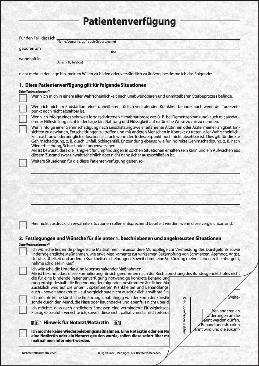 sigel Vordruck-Set "Patientenverfügung", DIN A4 - für den Markt: D (PV450)-1