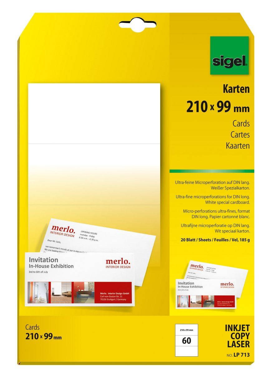 Sigel - Weiß - DL (210 x 99 mm) - 185 g/m² - 60 Karte(n) (20 Bogen x 3) Karten-0