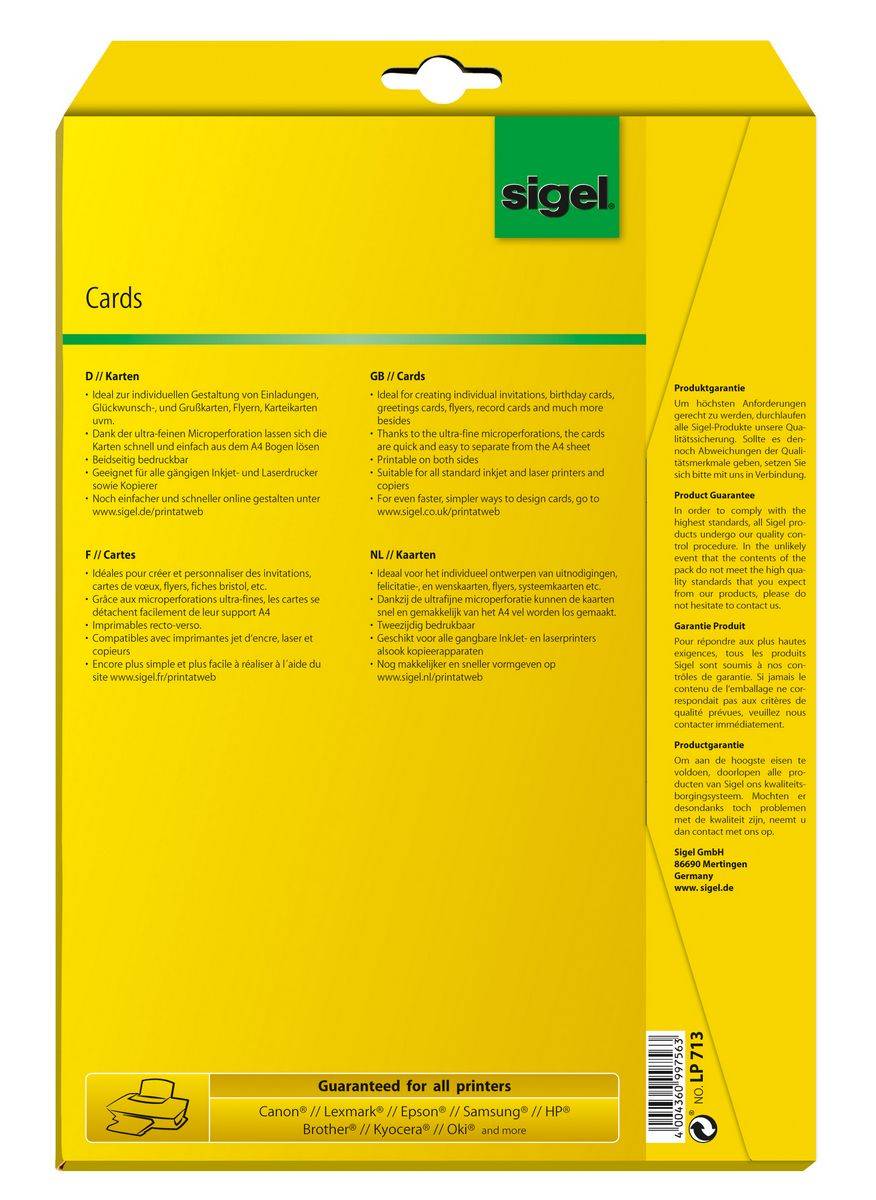 Sigel - Weiß - DL (210 x 99 mm) - 185 g/m² - 60 Karte(n) (20 Bogen x 3) Karten-2