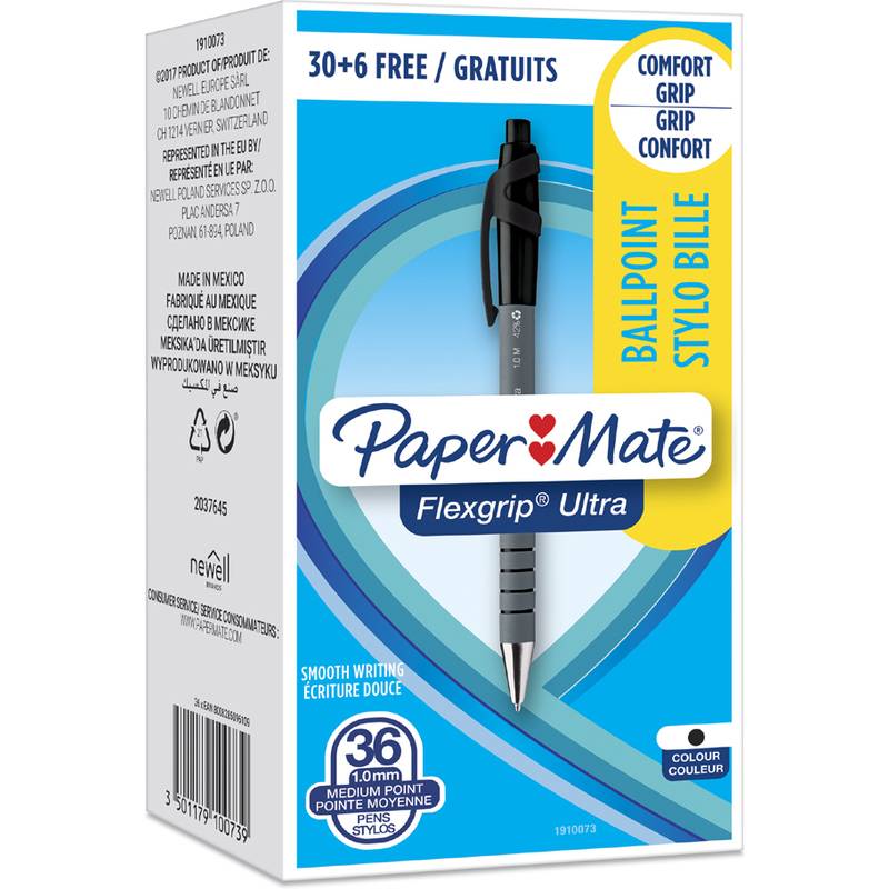 Papermate Flexgrip Ultra ST Nero Penna a sfera Medio 36 pz (Paper Mate 1910073 Flexgrip Ultra Retractable Ball Pen 1mm B