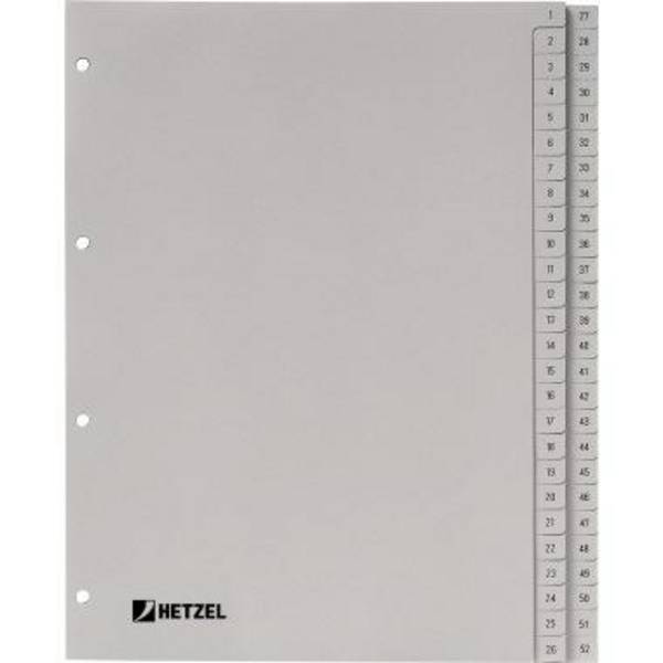 HETZEL Kunststoff-Register, Zahlen, A4, 1-52, PP, grau 52-teilig, 0,11 mm, Lochung: 80-80-80 mm (721308)