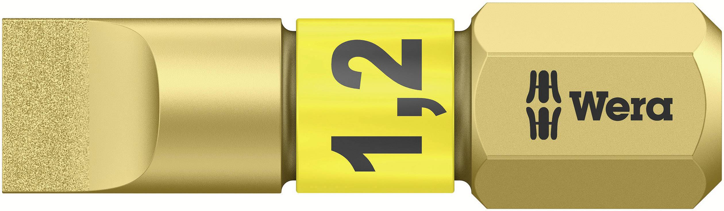 Un bit per cacciavite dorato Wera, contrassegnato con '1.2', mostra la costruzione stabile e precisa per lavori artigianali.