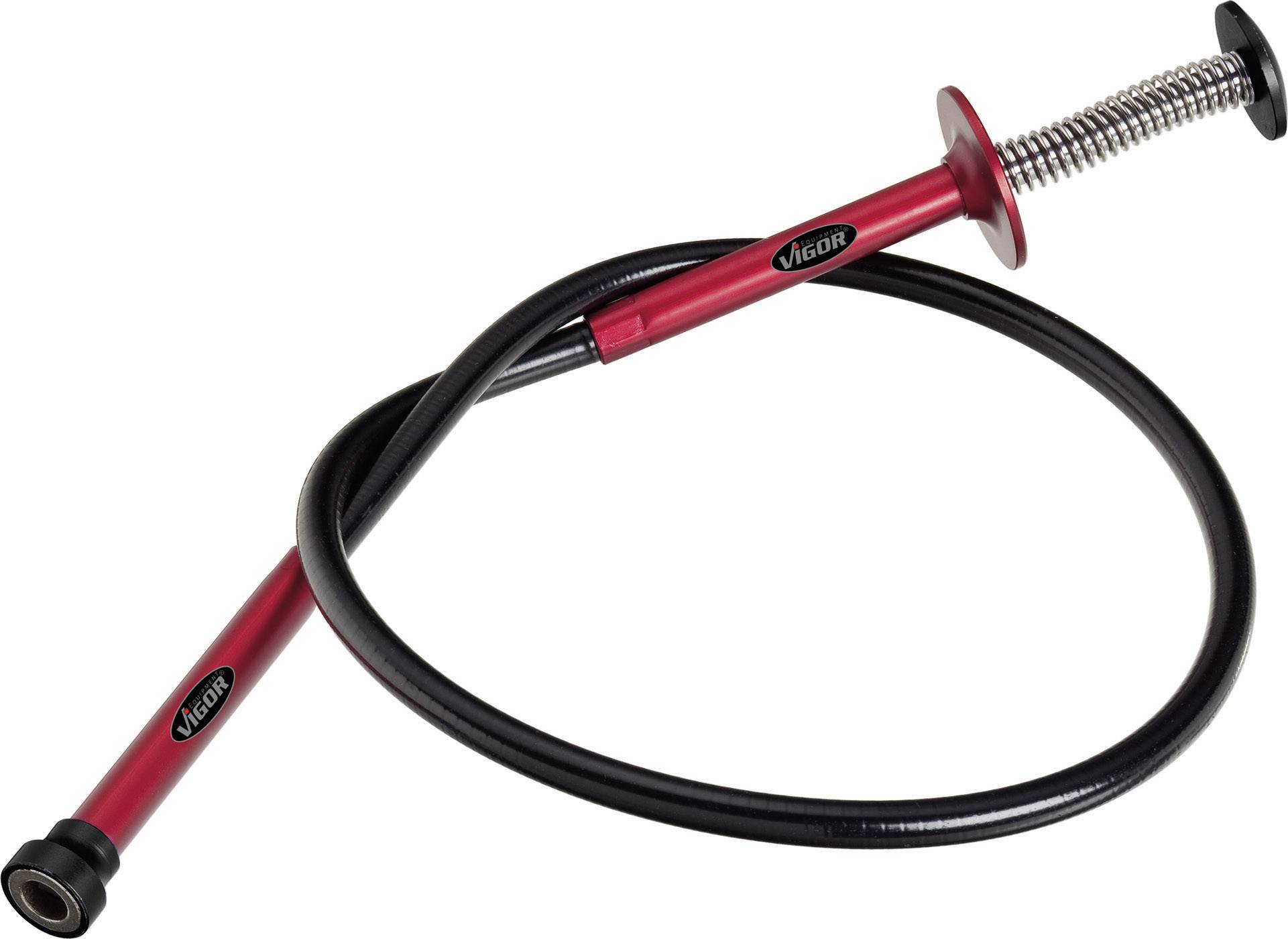 L'immagine mostra un utensile di presa rosso con un tubo flessibile nero e un manico con meccanismo di pressione per trattenere gli oggetti.