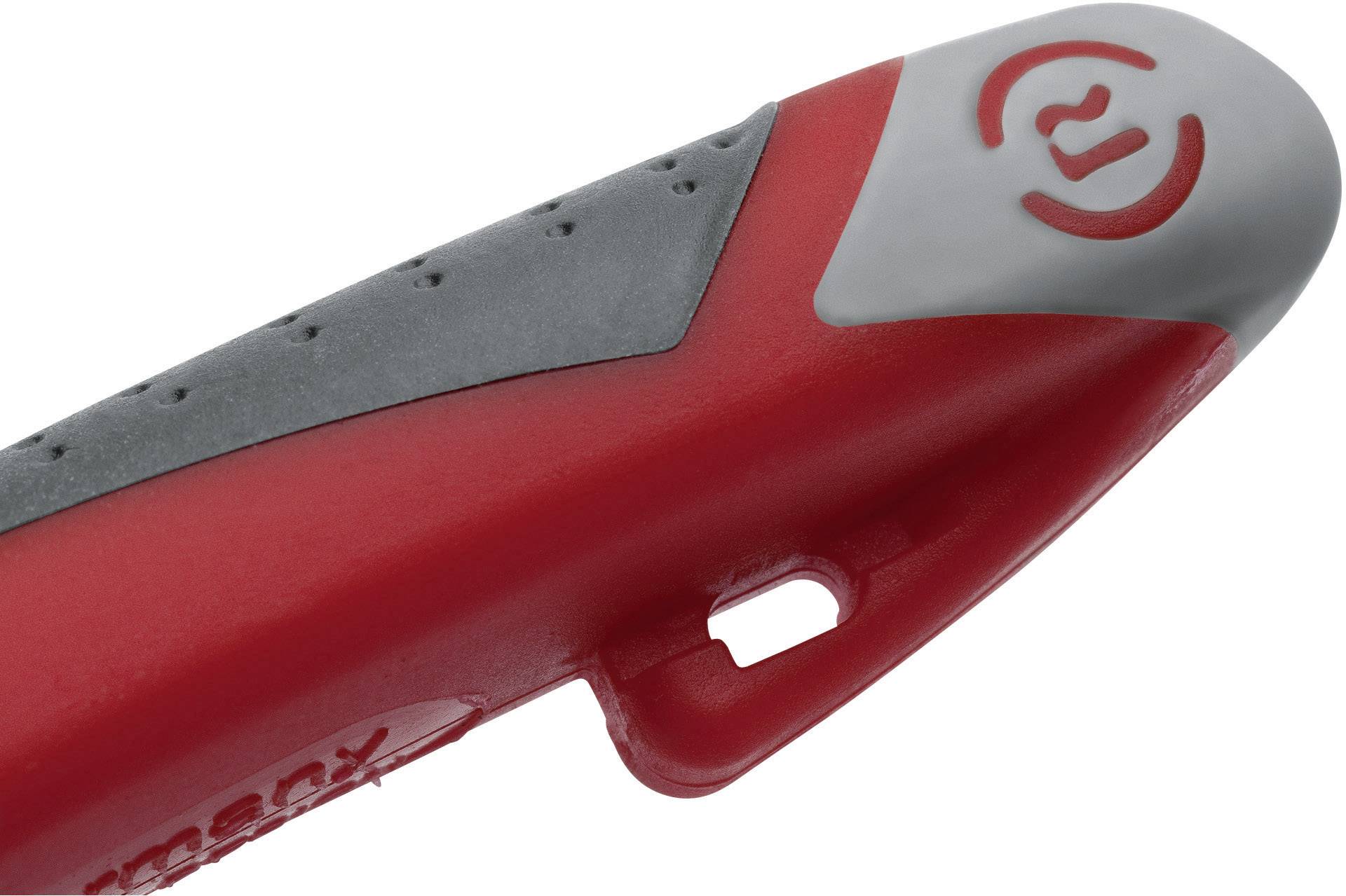 Coltello rosso e grigio con impugnatura ergonomica e un logo speciale sulla punta.