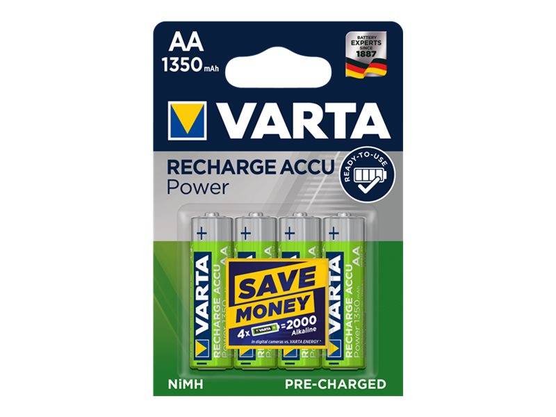 Batteria Varta NiMH, Mignon, AA, HR06, 1.2V/1350mAh Accu Power, precaricata, blister (confezione da 4)-0