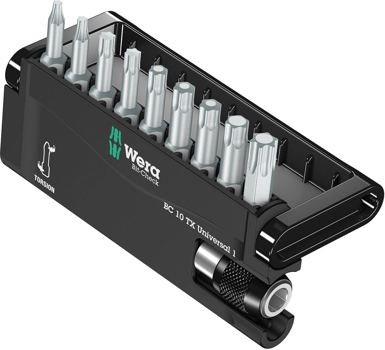 Un set di dieci inserti Torx in argento in un supporto nero di Wera. Il supporto mostra un simbolo di torsione.