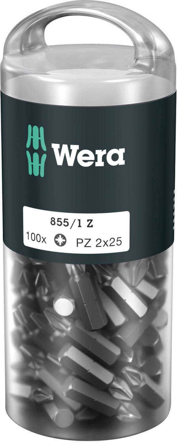 <br>  Wera<br>  05072443001<br>  855/1 Z DIY 100 SiS<br>  Inserto a Croce<br>  Impronta (cacciavite): 1/4" (6.3 mm)<br>  Forza: Croce Pozidriv<br>  PZ 1<br>  25 mm<br>