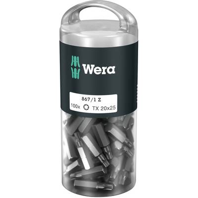 Confezione cilindrica Wera con 100 bit per viti TX 20x25. Il coperchio trasparente mostra i bit argentati all'interno.