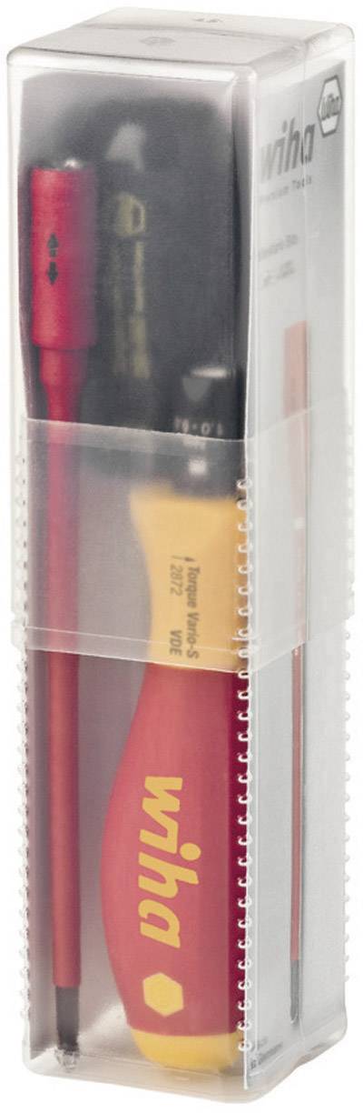 Un cacciavite Wiha in un astuccio di plastica trasparente. Il manico è rosso e giallo, adatto per utensili elettrici.