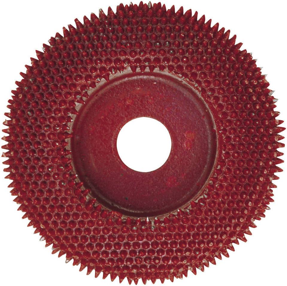 Uno strumento rotondo, rosso con denti affilati, probabilmente una fresa o un utensile da taglio, principalmente utilizzato nella lavorazione del legno.