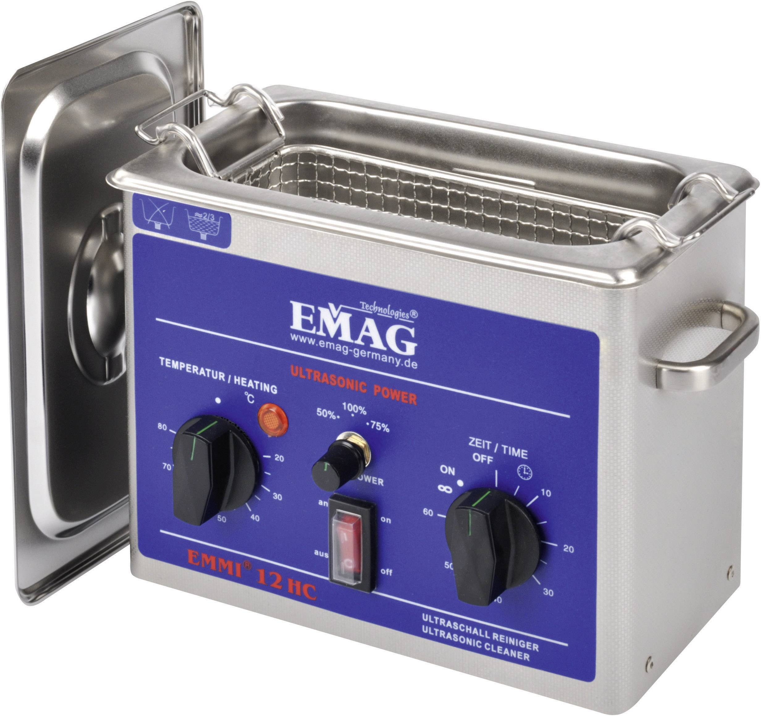 'Pulitore a ultrasuoni EMAG EMMI 12 HC con regolazione della temperatura, timer e custodia in acciaio inossidabile. Utilizza onde sonore per la pulizia.'