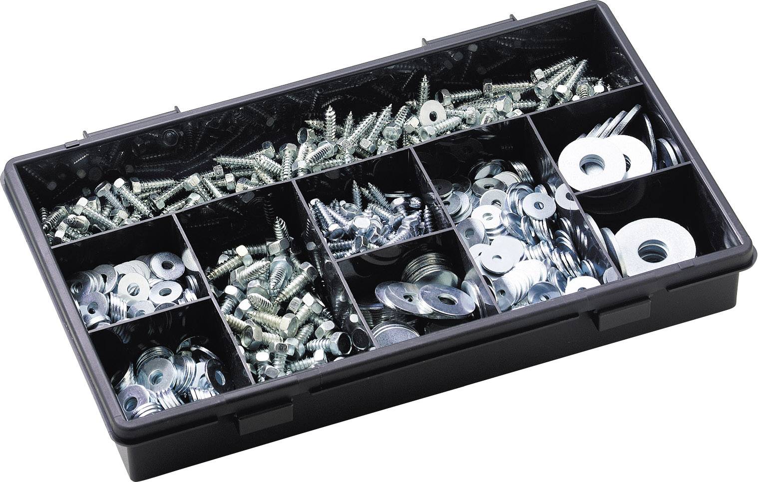 Scatola degli assortimenti con viti e rondelle di diverso tipo. I compartimenti sono organizzati per dimensione e tipo di elementi di fissaggio.
