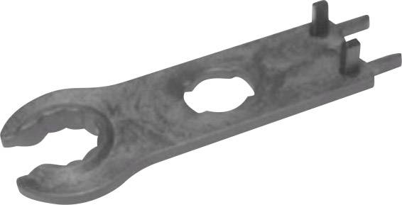 Una chiave grigia in metallo con diversi fori e perni, probabilmente utilizzata per serrare o allentare particolari tipi di viti o bulloni.