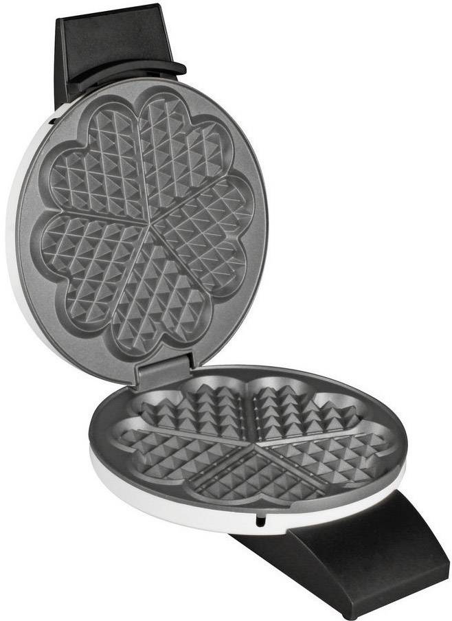 Piastra per waffle a forma di cuore, aperta, con design nero e argento.