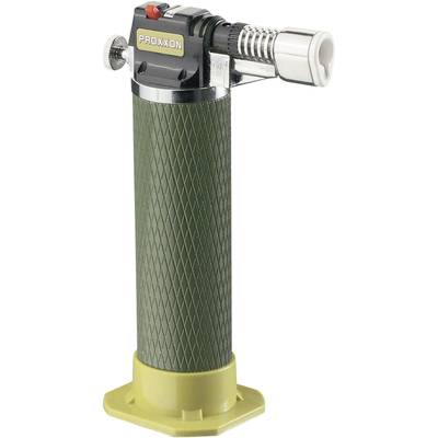 Un bruciatore manuale verde con testa in metallo e pulsante rosso, poggiato su un piedistallo giallo, è utilizzato per saldare o flambare.