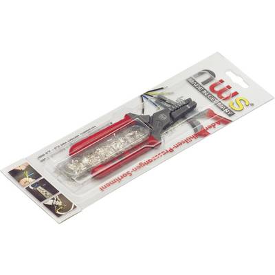 Confezione con pinza crimpatrice e capicorda, idonea per connessioni elettriche e riparazioni. Contiene un utensile rosso.