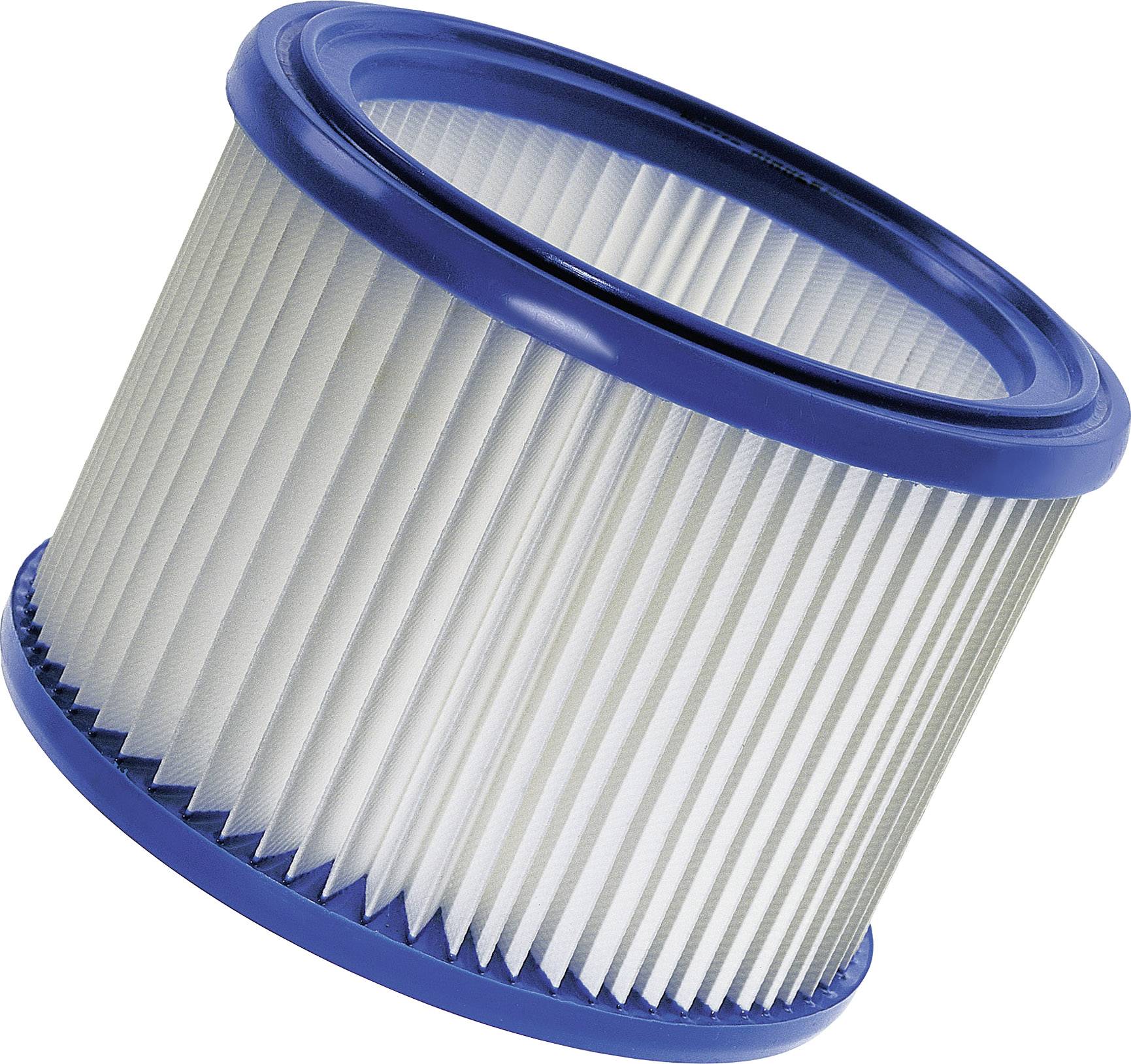 Filtro dell'aria cilindrico con bordi blu. La struttura pieghettata garantisce un'efficiente filtrazione delle particelle in diversi dispositivi.