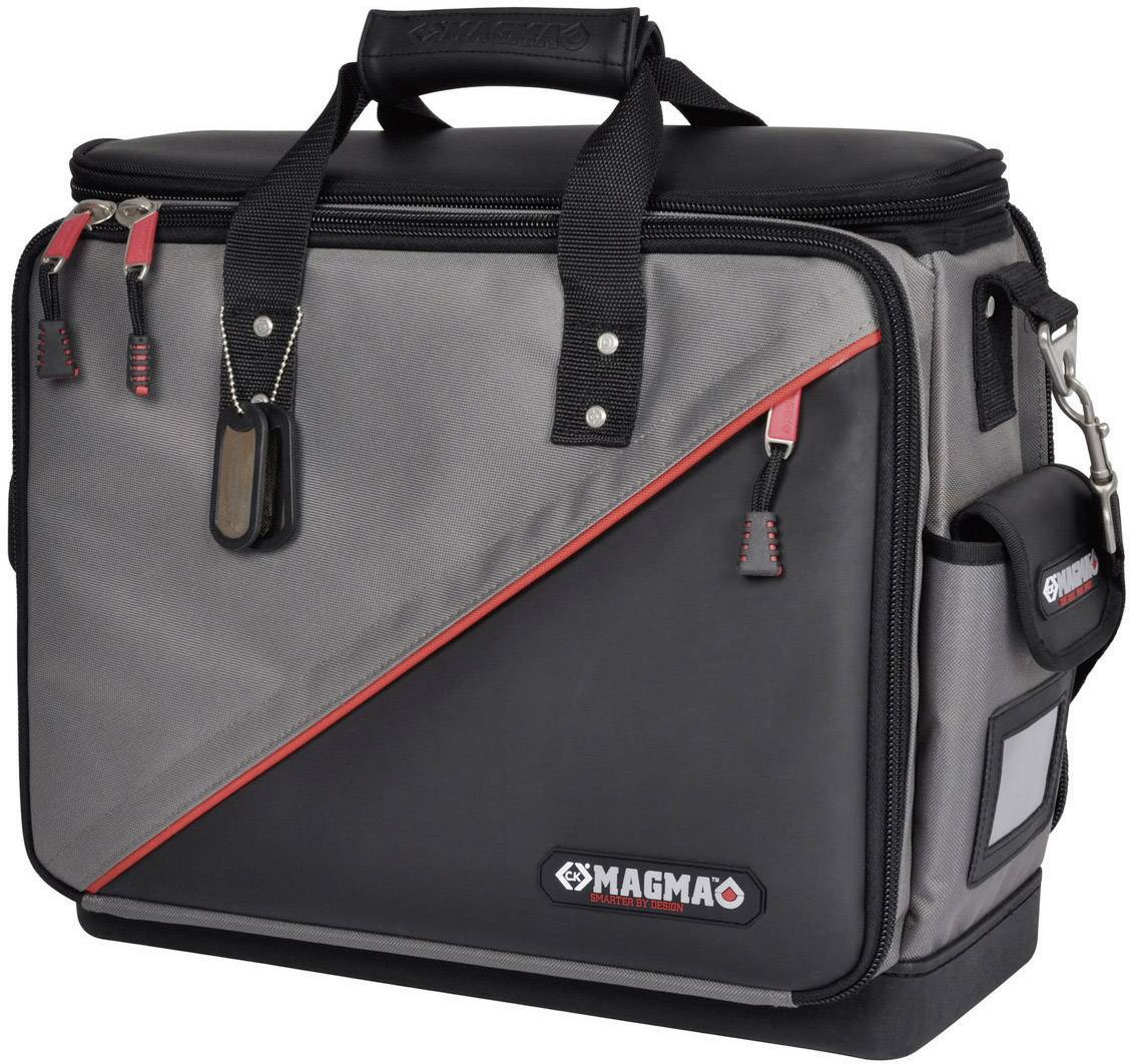 Una borsa in magma nero e grigio con accento rosso, con molti scomparti e manici robusti, adatta per attrezzature DJ o apparecchiature tecniche.
