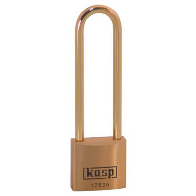 Un lucchetto con un archetto lungo in ottone. Sul lucchetto è riportato 'kasp 12530'. Viene spesso utilizzato per un'elevata sicurezza.