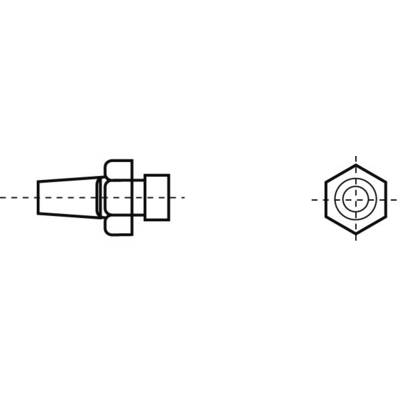 Disegno tecnico di una vite con testa esagonale, vista laterale e superiore, con asse di simmetria tratteggiato.