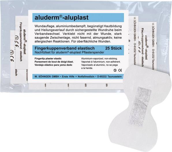 Confezione di cerotti 'aluderm-aluplast' e cerotto elastico per la punta delle dita. Medicazione in alluminio, delicata sulla pelle e che favorisce la guarigione.
