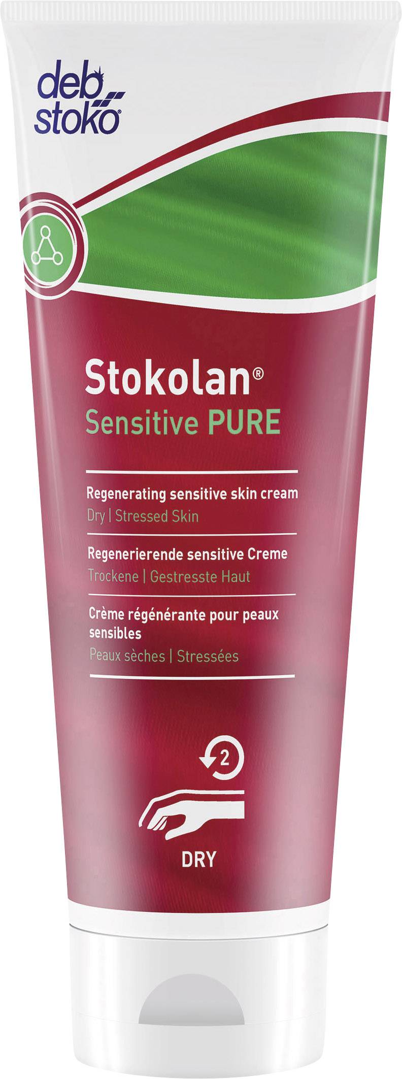 Crema per la rigenerazione di pelle sensibile in tubo rosso con coperchio bianco. Nome del marchio in alto a sinistra, descrizione della crema in inglese, tedesco e francese.
