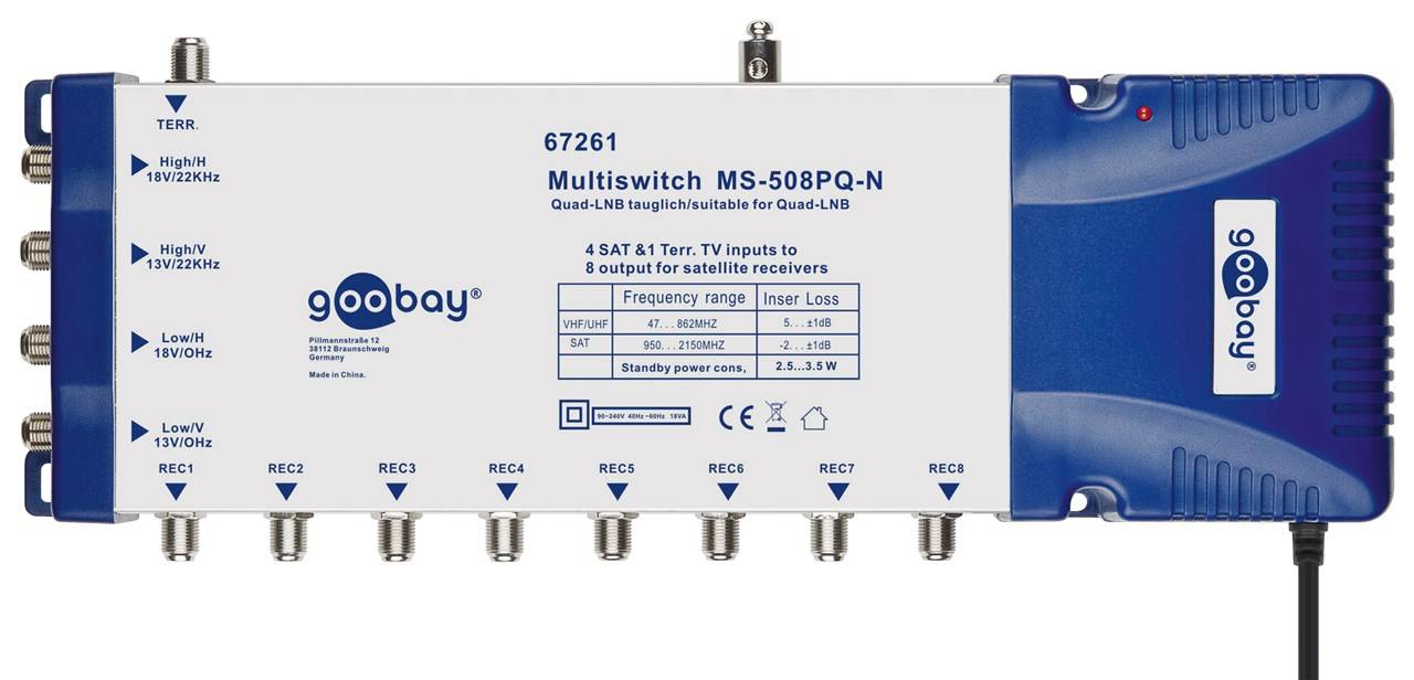 Goobay SAT multiswitch 5 ingressi/8 uscite - distributore per un massimo di 8 partecipanti da un satellite