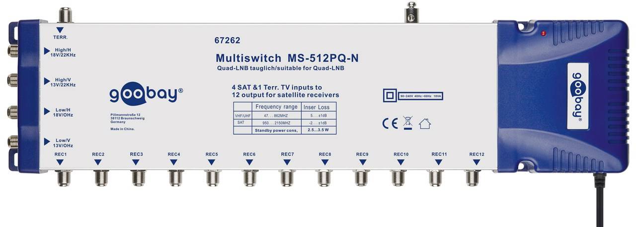 Goobay SAT multiswitch 5 ingressi/12 uscite - distributore per un massimo di 12 partecipanti da un satellite