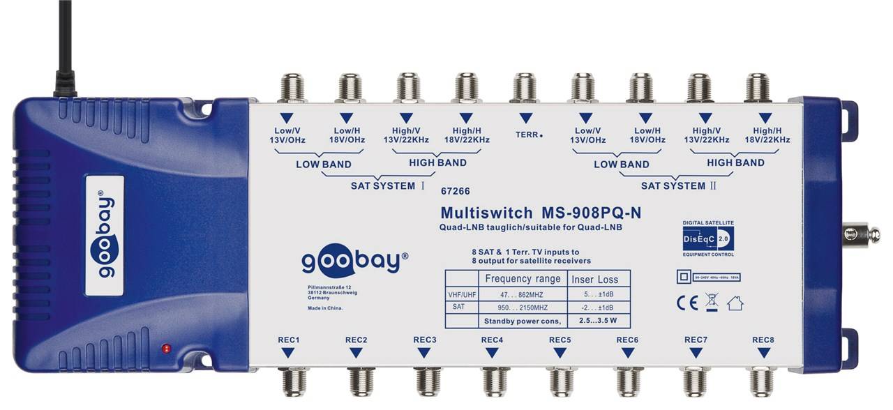 Goobay SAT multiswitch 9 ingressi/8 uscite - distributore per un massimo di 8 partecipanti da due satelliti