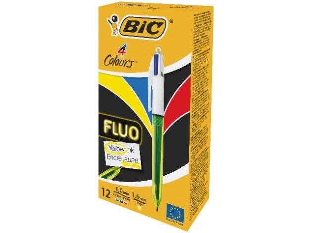 BIC 4Colours Fluo Penna retrattile a clip Nero, Blu, Rosso, Giallo 12 pezzo[i] (Bic 4 Colours Fluo Ballpoint Pen and Hig-5