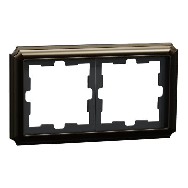 Cornice doppia per interruttori luce in metallo scuro, rettangolare con angoli arrotondati. Adatta per due interruttori o prese elettriche.