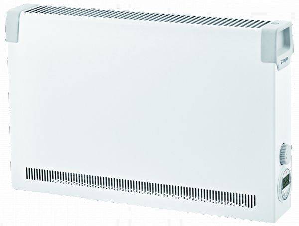 Un termoconvettore elettrico bianco con feritoie di ventilazione in alto e in basso, pulsante di controllo sul lato destro e display della temperatura.