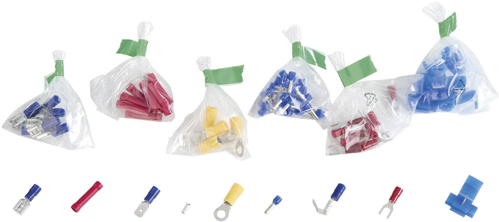 Diversi sacchetti di plastica piccoli contenenti vari connettori elettrici in colori blu, rosso e giallo, parzialmente chiusi.