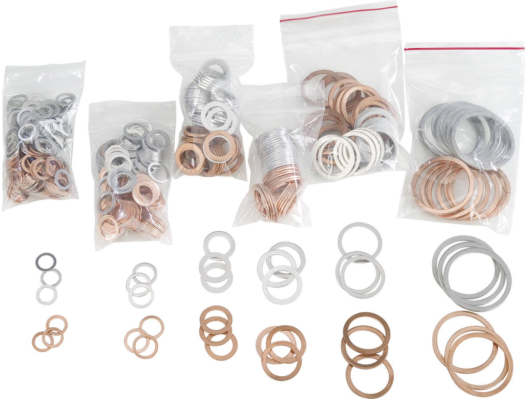 Diversi sacchetti con rondelle metalliche miste, tra cui rondelle di alluminio e rame, su sfondo bianco.
