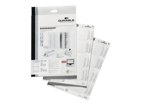 DURABLE - Weiß - 122 x 150 mm - 150 g/m² - 40 Karte(n) (20 Bogen x 2) Namensbadge-Karten